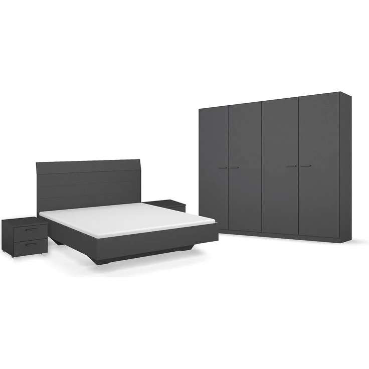 Rauch Möbel Florenz Schlafzimmer, Grau metallic, Schwarz, bestehend aus Bett mit Liegefläche 180x200 cm inklusive 2 Nachttische und Drehtürenschrank BxHxT 226 x 210 x 54 cm