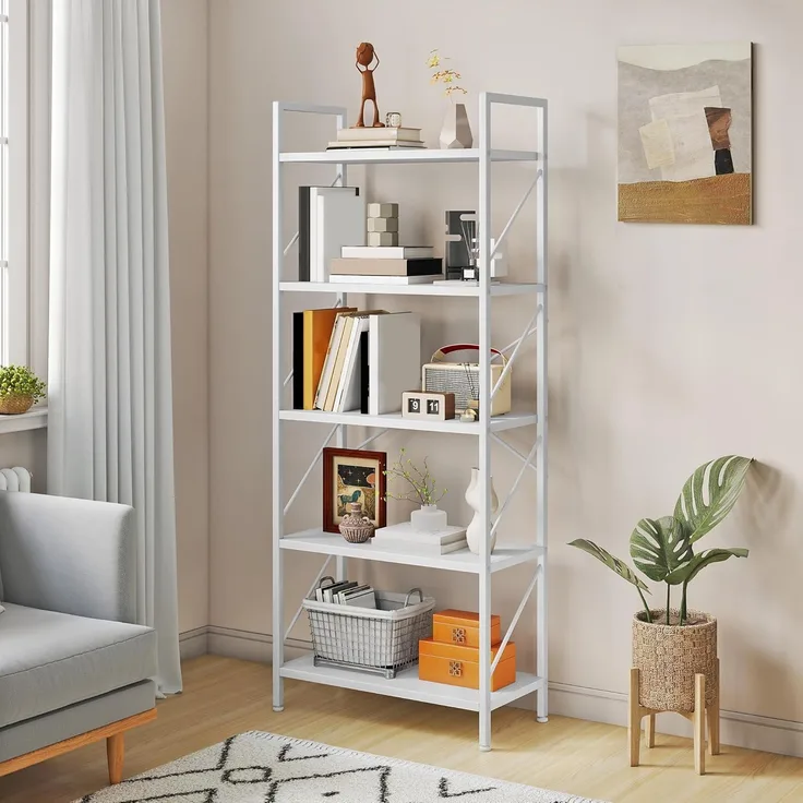 YITAHOME Bücherregal, Standregal mit 5 Ebenen, Hohes Lagerregal mit Metallrahmen, Industrielles Ausstellungsregal, Regaleinheiten, für Wohnzimmer, Schlafzimmer, Homeoffice, Küche, Reines Weiß Regal