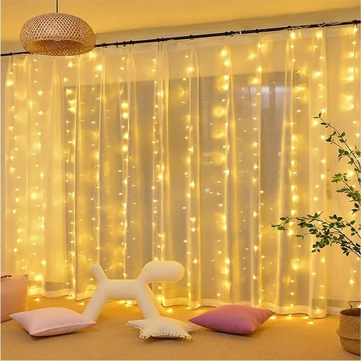 Rosnek LED-Lichterkette 3x3M, 10 Stränge, Speicherfunktion, Timer, für Vorhang Fenster Deko, 300-flammig, 8 Modi, Timer, für Schlafzimmer Weihnachten Terrasse