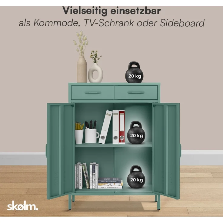 skølm 'Atria' Metallkommode, dunkelgrün, 110x38x80 cm, mit 2 Schubladen und 2 Fächern – Bild 6