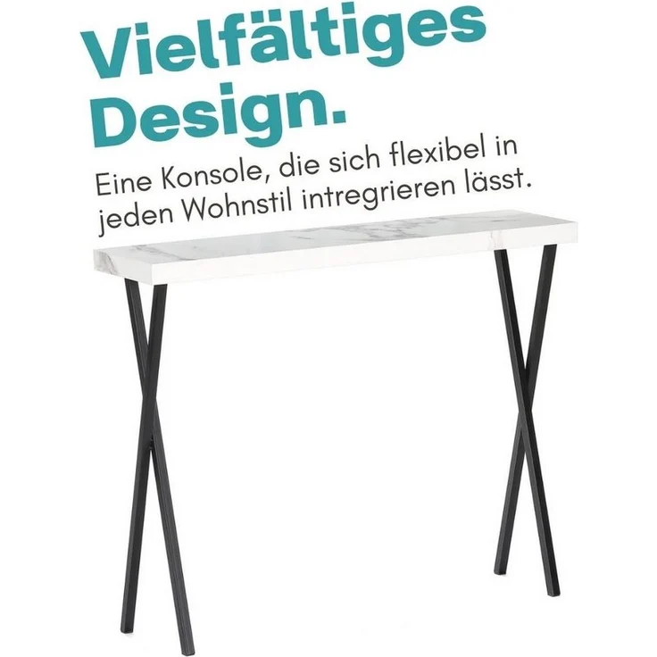 Wohnando Couchtisch Konsolentisch "Apollo", 100x25x80cm weißes Mamordekor, Flurtisch, schwarz Metallbeine, Ablagetisch Flur, Wohnzimmer Sideboard – Bild 3