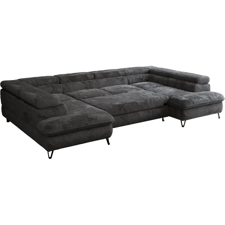Ecksofa U-Form, mit Bettkasten, Bettfunktion und Einstellbare Kopfstützen, Sofa big XXL - PETER U - Dunkelgrau Plüsch – Bild 5