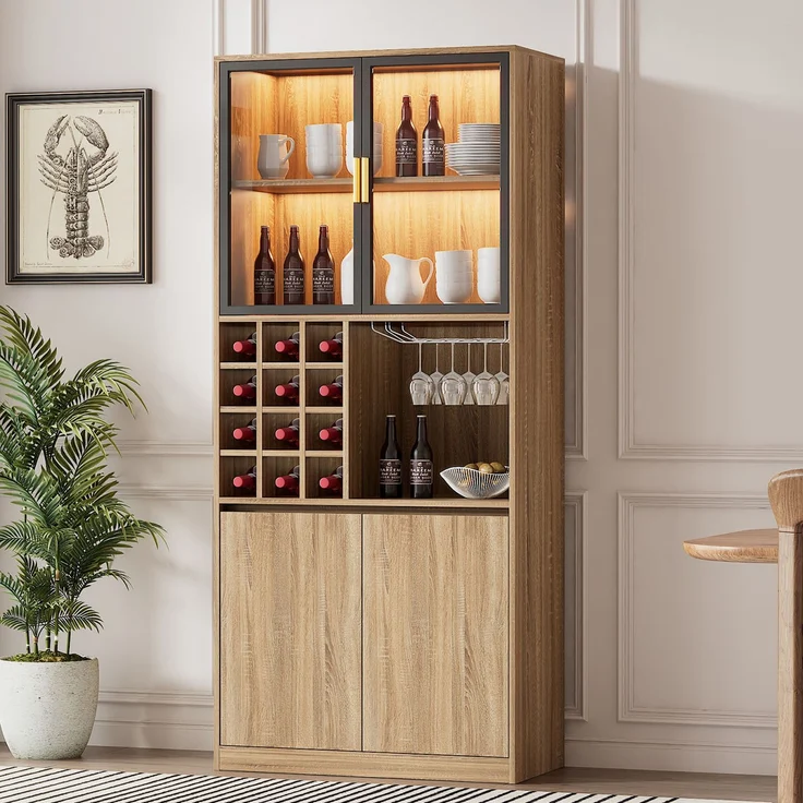 Badezimmerschrank,Spirituosenschrank,Vitrine Vitrinenschrank mit Glastüren und Beleuchtung 180 CM--Natürlich2--80x40x180cm--YOUDENOVA – Bild 1