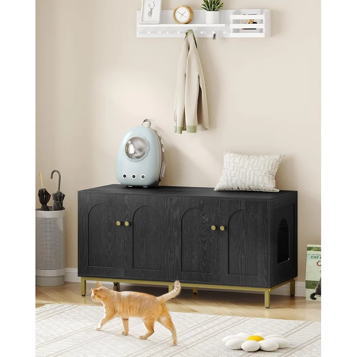 Katzenschrank für 2 Katzen, 119cm Versteckte Katzentoilettenmöbel, Hölzernes Haustierhaus, Aufbewahrungsschrankbank, Passend für die Meisten Katzentoilettenkä, Schwarz und Gold – Bild 1