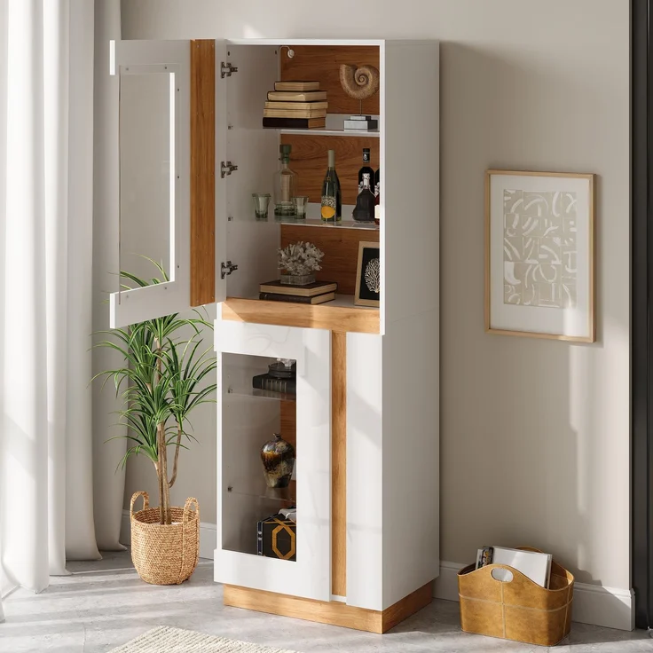 Vitrinenschrank mit LED-Beleuchtung, 2 Glastüren, Glasböden, geräumiger Ausstellungsschrank, Wohnzimmerschrank, Aufbewahrungsschrank aus PB – Bild 3