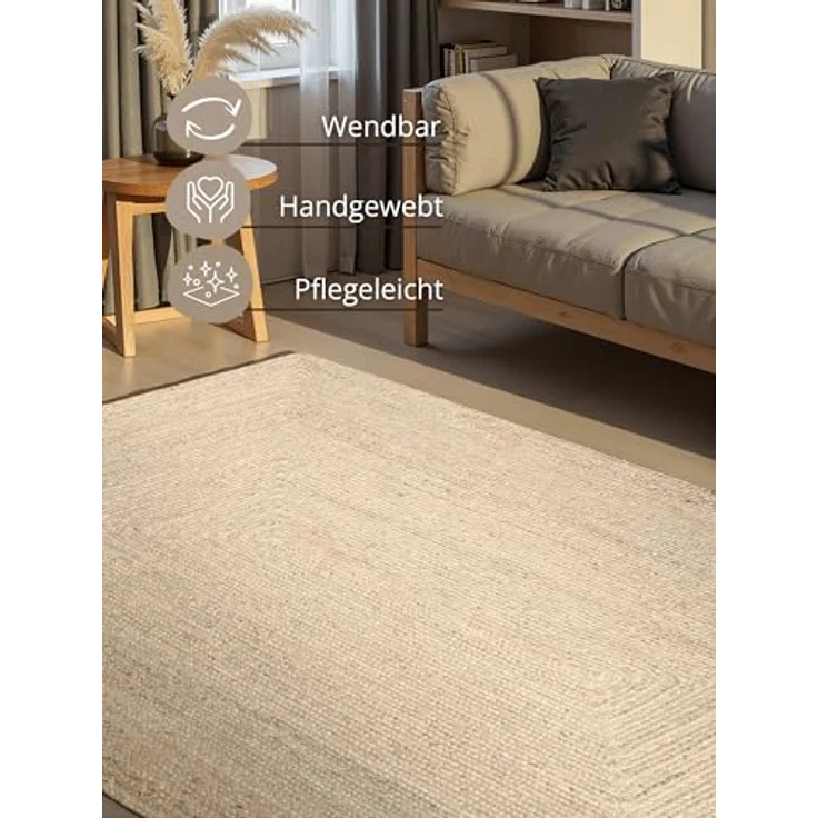 Hanse Home Juno Juteteppich - Natur Wohnzimmerteppich aus 100% Jute, Handgewebt - Robust & Pflegeleicht - Moderner, Boho Naturfaser Teppich für Wohnzimmer, Schlafzimmer - Reinweiß, 200x300cm – Bild 3