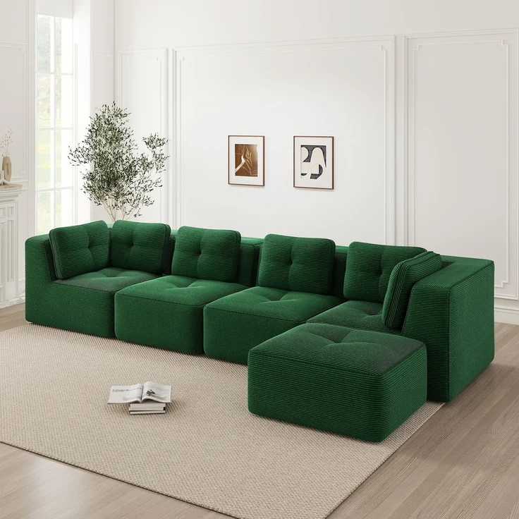 EINHOM Modulares Wohnzimmersofa ohne Gestell, ein bequemes Viersitzer-Sofa mit tiefer Sitzfläche, weichen Kissen und Cordbezug, kein Aufbau erforderlich und mit rutschfestem Design, Grün – Bild 1