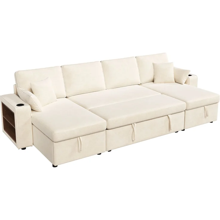 Merax U‑förmiges Ecksofa mit Schlaffunktion, ausziehbares Schlafsofa, integrierter Stauraum, doppelte Chaiselongue mit verstecktem Stauraum, Becherhalter, USB‑Ladeanschluss und Armlehnen‑Ablage, Beige – Bild 10