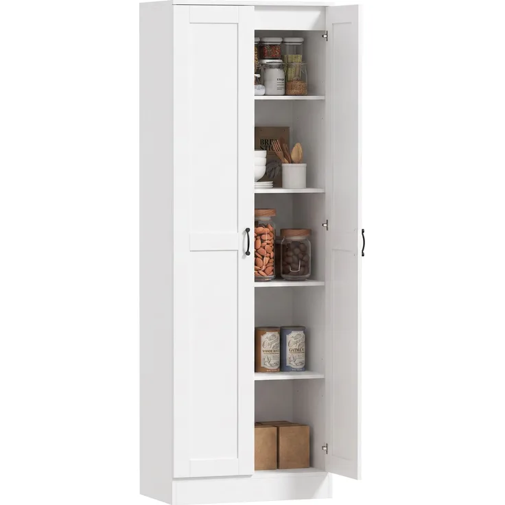 HOMCOM Küchenschrank, 2 Türen mit Soft-Close, 5 Einlegeböden davon 2 verstellbar, Spanplatte, Weiß, 60 x 36,5 x 175 cm, mit Kippschutz