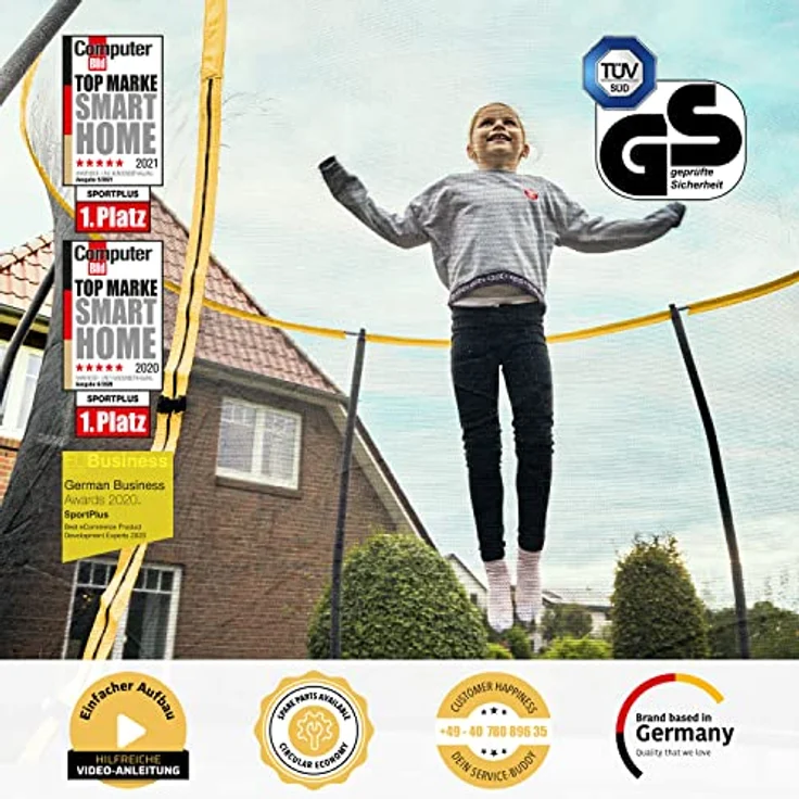 SportPlus Trampolin Ø 305 cm, Garten Trampolin mit innenliegendem Sicherheitsnetz, gepolsterten Haltestangen und TÜV-geprüfter Sicherheit – Bild 2