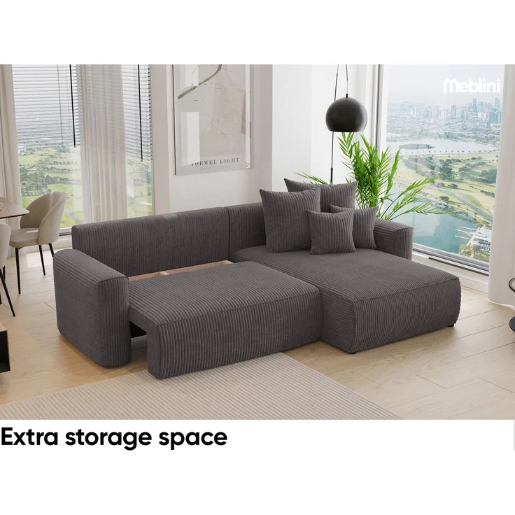 MEBLINI Schlafcouch mit Bettkasten - 260x160x78cm - Dunkelgrau Cordstoff - BALI - Kleines Ecksofa mit Schlaffunktion - Sofa mit Relaxfunktion und Kissen - Kleine Couch L-Form - Eckcouch – Bild 4