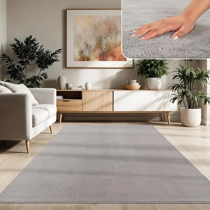 Paco Home Waschbarer Teppich Wohnzimmer Schlafzimmer Kurzflor rutschfest Flauschig Weich Moderne Einfarbige Muster, Grösse:200 cm Quadrat, Farbe:Grau