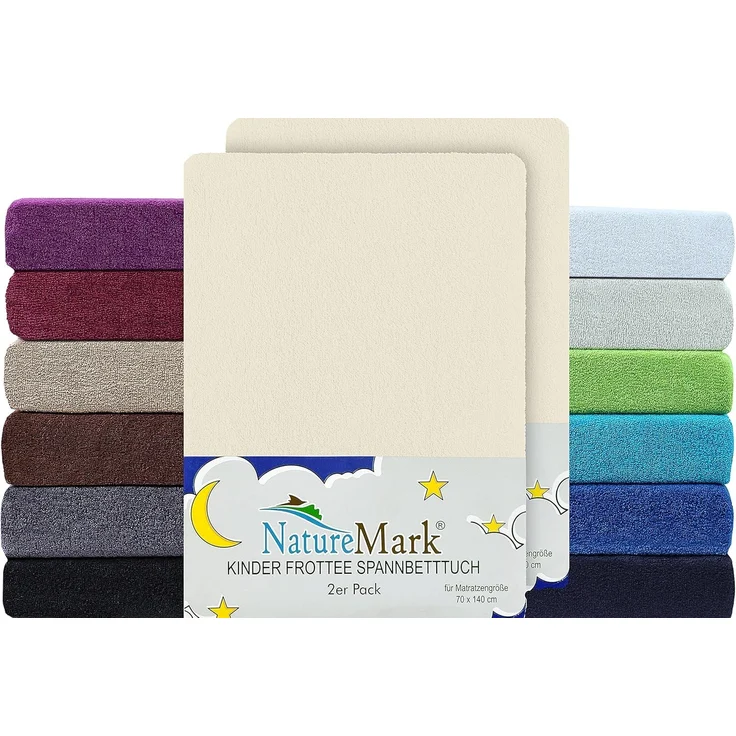 NatureMark Spannbettlaken Frottee Spannbettlaken, 80% Baumwolle / 20% Polyester, Gummizug: rundum, (2 Stück), 2er Set Kinder Spannbettlaken Frottee, Spannbetttuch 80% Baumwolle / 20% Polyester, für Babybett und Kinderbett, 70x140 cm - Natur weiß – Bild 1