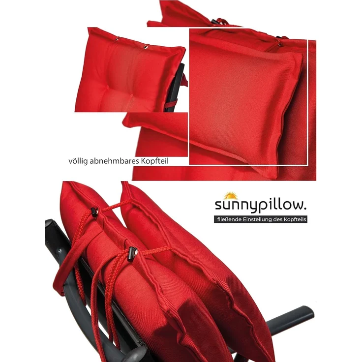sunnypillow 6er Set Gartenstühle und Gartenstuhlauflagen Hochlehner | 120 x 50 x 9 cm Hochlehner Auflage wasserdicht UV-lichtecht | Klappsessel Klappstuhl für Garten Polsterauflagen Stuhlauflage | Rot – Bild 7