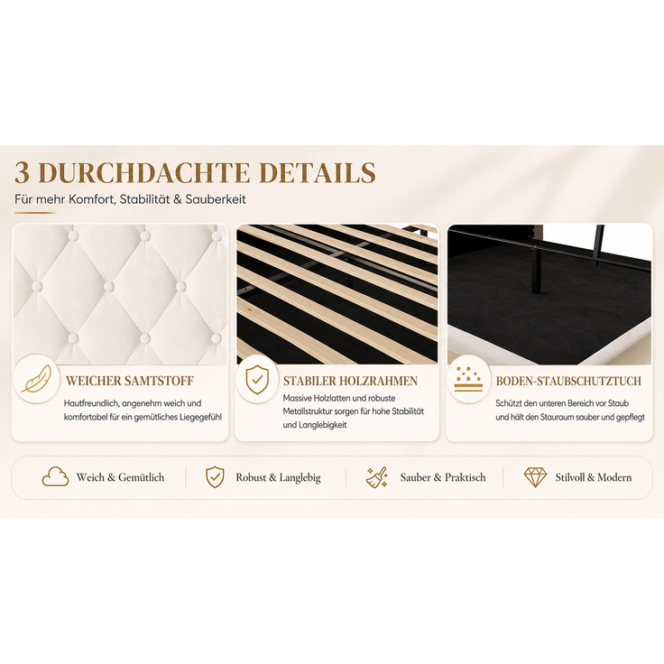 TavilaEcon Boxspringbett Samtbett, Polsterbett mit LED-Beleuchtung & USB-Ladefunktion beige Liegefläche 140 × 200 cm – Bild 10