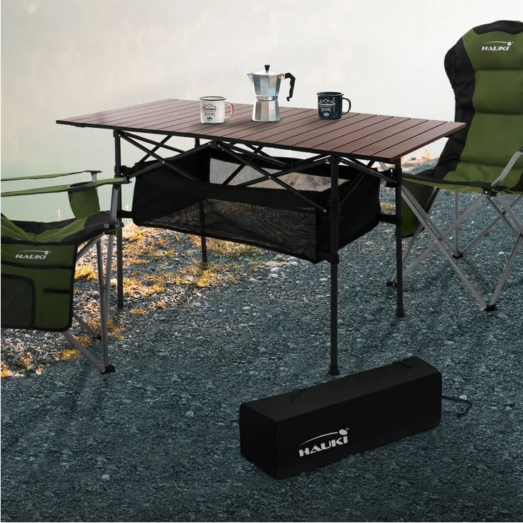 Hauki Campingtisch Klapptisch faltbar aus Aluminium inkl. Tragetasche, Gartentisch 118x55x64,5 cm Braun, Aufrollbare Tischplatte, Falttisch – Bild 2