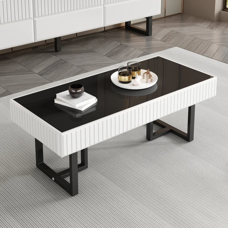 Couchtisch mit hochglänzender Tischplatte & Metallgestell, 110x50,5x41 cm, Schwarz/Weiß – Bild 4