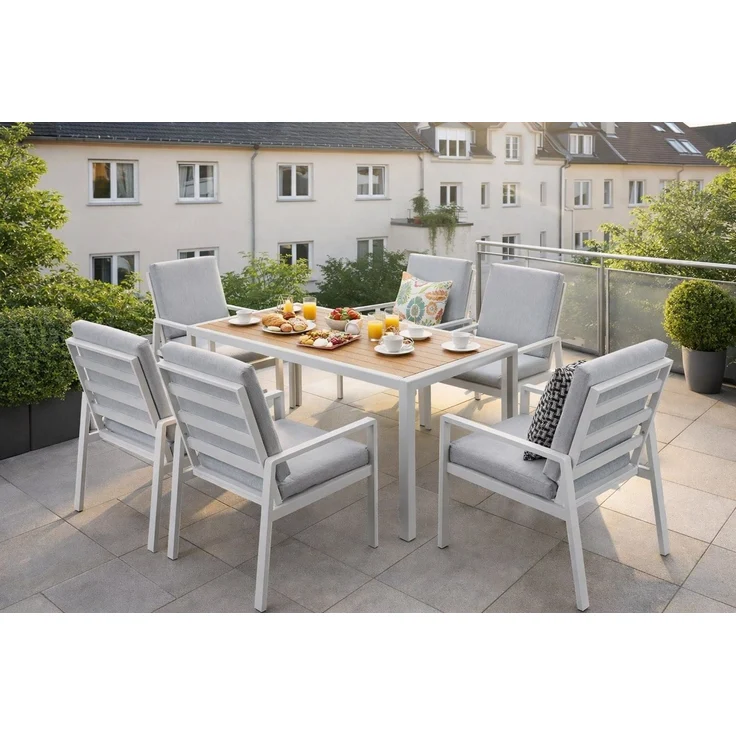 MeXo Gartenlounge-Set Gartenmöbel Set Aluminium Outdoor, (Garten-Essgruppe für 6 Personen, 7-tlg, mit Polywood Tisch & Auflagen), wetterfest für Terrasse & Garten – Bild 5