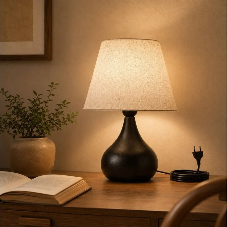 BlingBin Tischleuchte E27, schwarze Tischlampe mit beigefarbenem Leinenschirm moderne, max. 60 W, Ein-/Ausschalter, ohne Leuchtmittel, Kaltweiß, Warmweiß, Neutralweiß, Nachttischlampe, Kleine Tischlampe mit E27-Fassung – Bild 1
