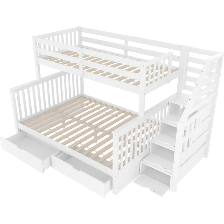Etagenbett 90x200 & 140x200 cm, Kinderbett und Jugendbett, mit Schubladen und Stauraum, Kiefernholz, Weiß – Bild 7
