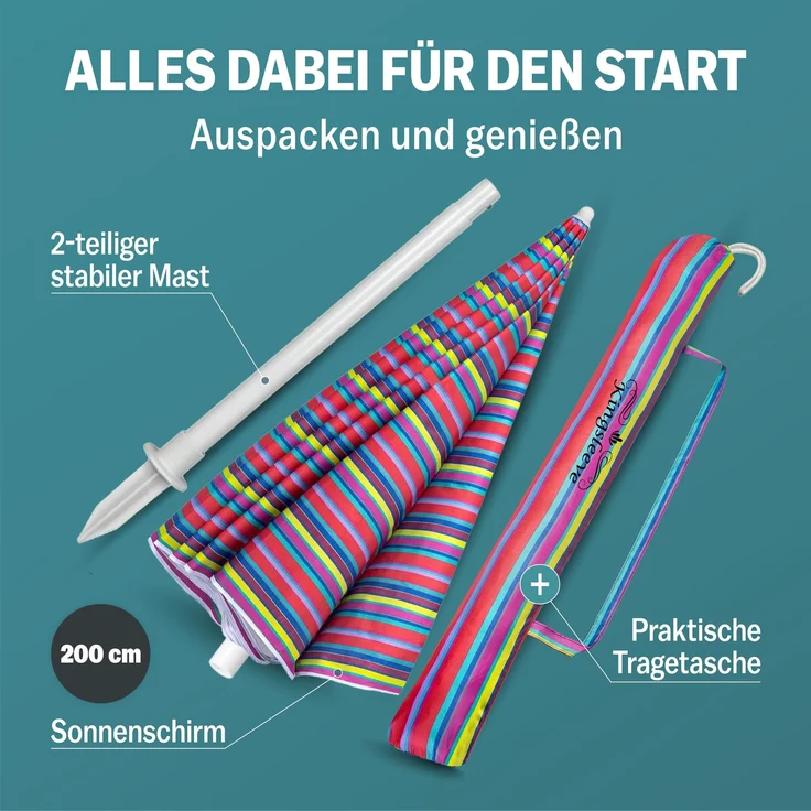 KINGSLEEVE® Sonnenschirm 200cm UV Schutz 50+ Neigbar Strand Garten Strandschirm Balkonschirm Gartenschirm Bunt – Bild 4