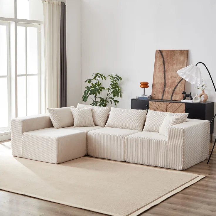 L-förmiges Cord-Ecksofa aus 4 frei kombinierbaren Modulen, gepolsterte Lounge-Couch ohne Montage für Wohn- und Schlafzimmer, Beige