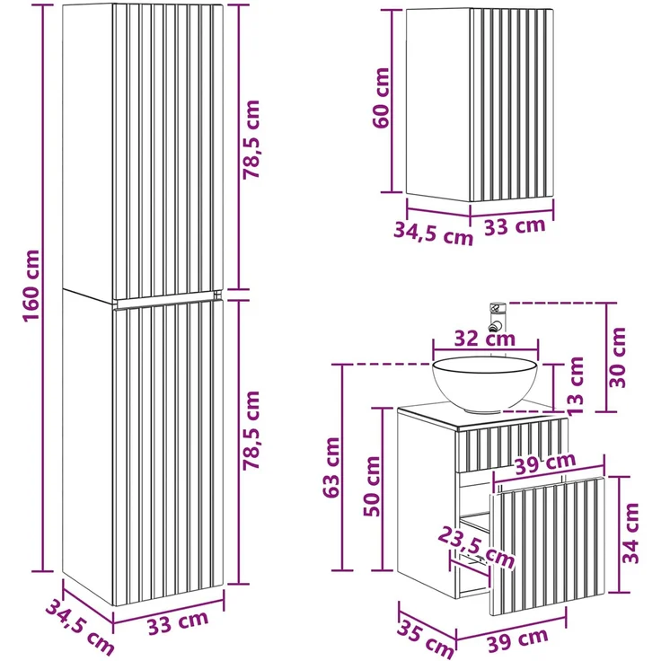 vidaXL Badezimmerschrank-Set 3 stk. Sonoma-Eiche 33 x 34,5 x 160 cm 3406085 – Bild 12