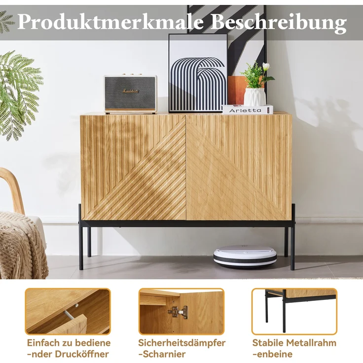 Sideboard Modern Mit Verstellbarem Regalbrett Metallrahmen Natur Farbe 100cm Breit Mit Kippsicherung Aufbewahrungsschrank Kommode Für Wohnzimmer Schlafzimmer Flexible Stauraumlösung, 75cmx40cmx100cm, Natur – Bild 5