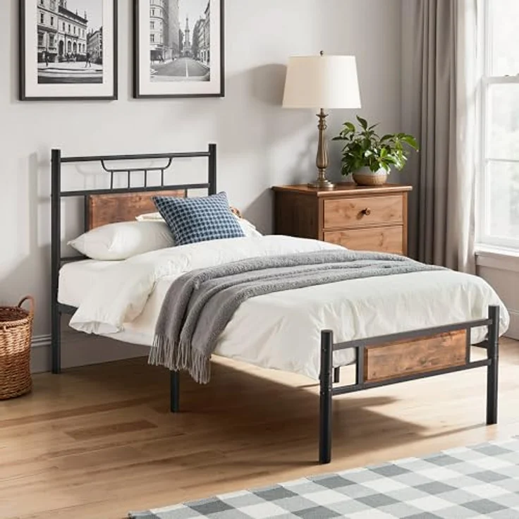 VECELO Bett 90x200 cm mit Holzkopfteil, Holz Metallbett mit Lattenrost, Bettgestell Bettrahmen aus Metall, Einzelbett Jugendbett Gästebett, perfekt für Schlafzimmer, Braun – Bild 7