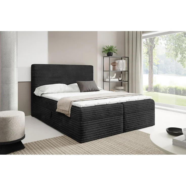 MEBLINI Boxspringbett TALIA 140x220cm - H4/Schwarz Cordstoff - mit Bettkasten - Gepolstert Doppelbett mit Matratze und Topper - Polsterbett mit Stauraum - Bett mit Kopfteil - Stauraumbett – Bild 2
