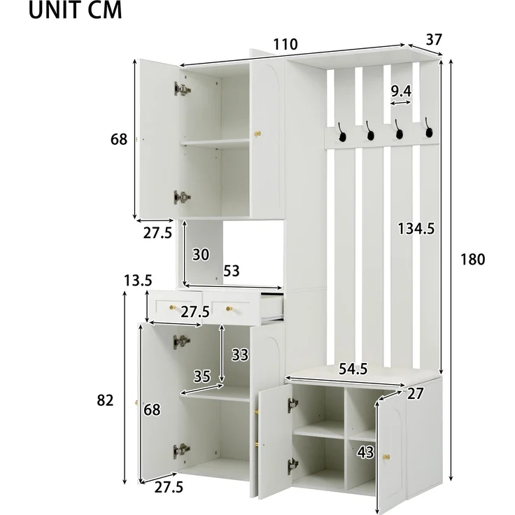 DESVIAE Garderobenschrank-Set mit Schuhbank, 110x180x37 cm, Spanplatte Weiß, 2 Schubladen und 4 Haken – Bild 10