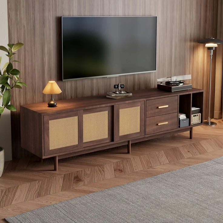 TV Schrank Lowboard 190x40 cm Braun Spanplatte Rattan Türen 3 Türen 2 Schubladen halboffen Wohnzimmer Board – Bild 1