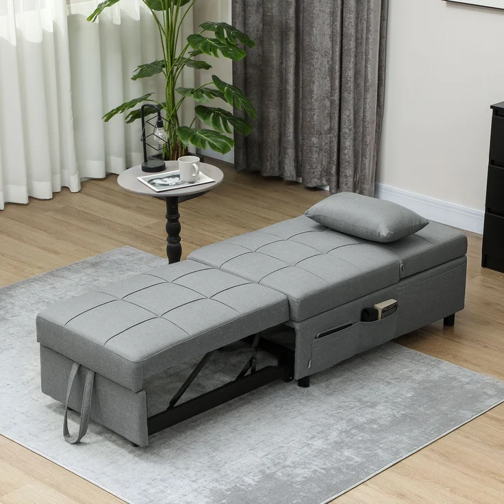 3-in-1 Klappsessel mit Seitentasche, Gästebett mit Kissen, verstellbarer Rückenlehne, Bettsessel mit Rollen, Hellgrau--Hellgrau--104x65.5x81cm--YOUDENOVA – Bild 9