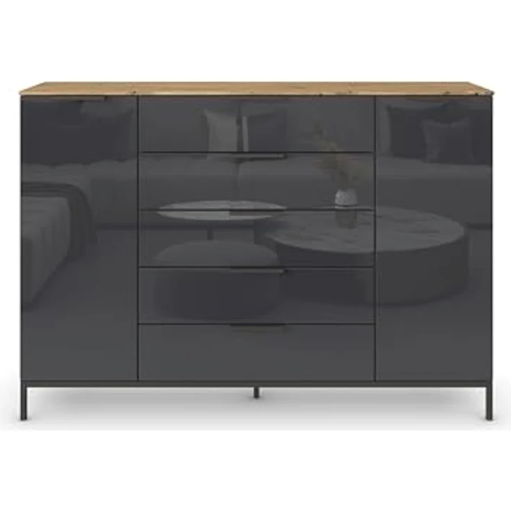 Rauch Möbel Flipp, Nachttisch für Schlafzimmer, Garderobe, 2-türig, 5 Schubladen, mit Softclose-Funktion, Griffe und Metallkufe Graphit, Farbe Eiche Artisan, Holz/Glas Basalt, Schwarz, Breite 160 cm – Bild 6