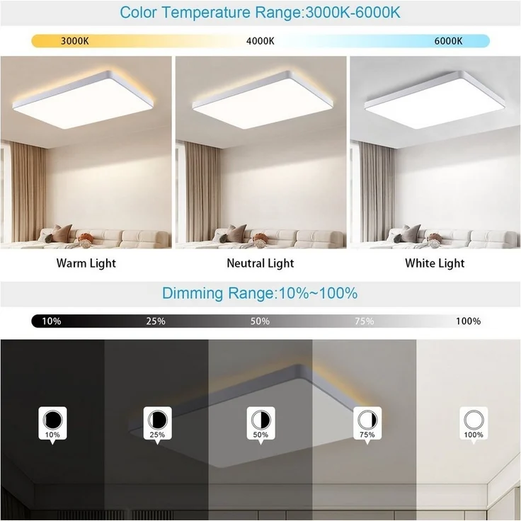 JDONG LED Deckenleuchte dimmbar mit Fernbedienung Rechteckig Weiß/Schwarz 65*43*5CM, LED fest integriert, Deckenlampe 72W, für Wohnzimmer Schlafzimmer Esszimmer Arbeitszimmer Balkon Büro – Bild 2
