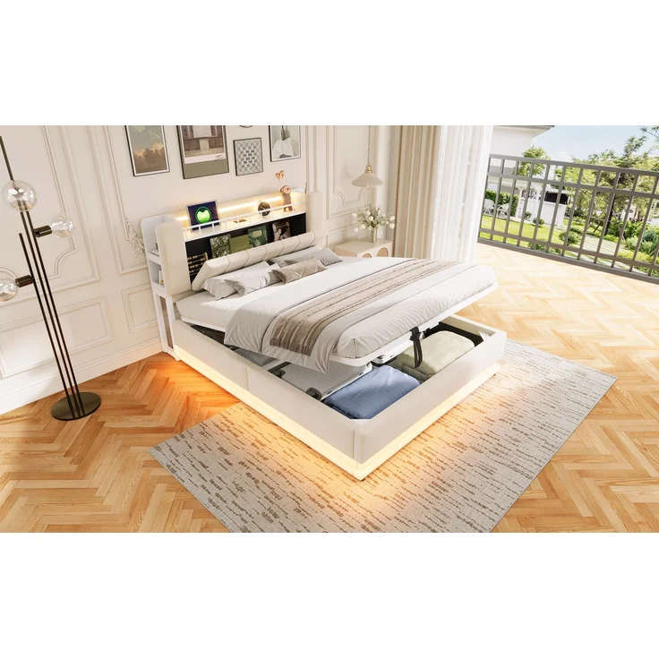 EINHOM Smartes Polsterbett 160 x 200 cm mit LED-Beleuchtung, USB- und Hydraulischem Stauraum, Weichem Samtbezug und Metallrahmen Beige, (Ohne Matratze) – Bild 7