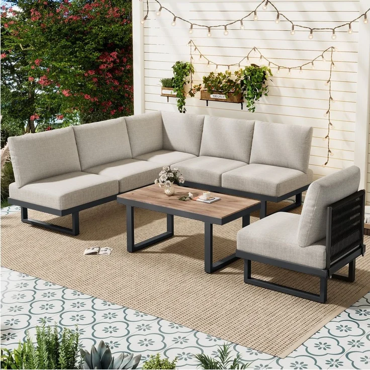 BBWL Gartenlounge-Set Ecksofa mit Liegebett Funktion,Couchtisch Glas,Graubeige, Gartenmöbel Lounge Set,Stahlrahmen,Outdoor Relaxbett wetterfest – Bild 4