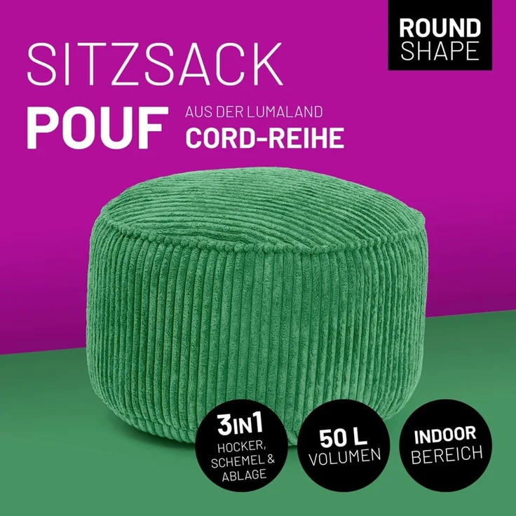 Lumaland Pouf Sitzsack-Hocker Pouf rund Cord 50l dunkelgrün, supersofte Füllung EPS-Perlen – Bild 2