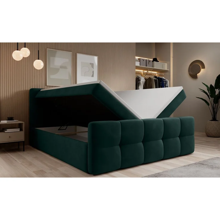 thematys Boxbett mit Bettkasten 140x200cm, mit Bonnellfederkernmatratze H3, Bouclé/Velours, mit Stauraum, mit 3 cm Topper, Dunkelgrün (Velluto 10), Art.-Nr. S04GH0RGN8A – Bild 4