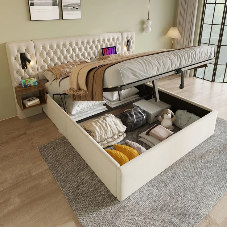 Polsterbett 180x200 cm Beige mit Kopfteil, Nachttischen, LED-Leselampe & Stauraum, hydraulisch verstellbar, USB Type-C Ladefunktion – Bild 3