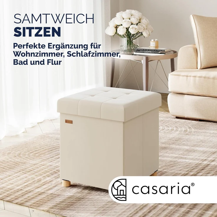 CASARIA® Sitzhocker mit Stauraum, Samt, beige – Bild 3