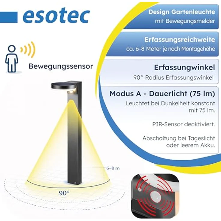 Esotec Solar PIR Standleuchte Diana 80, Aluminium Standfuß, Li-Ion Akku, 40 LEDs, Bewegungsmelder, schwarz, wetterfest, H=80cm – Bild 4