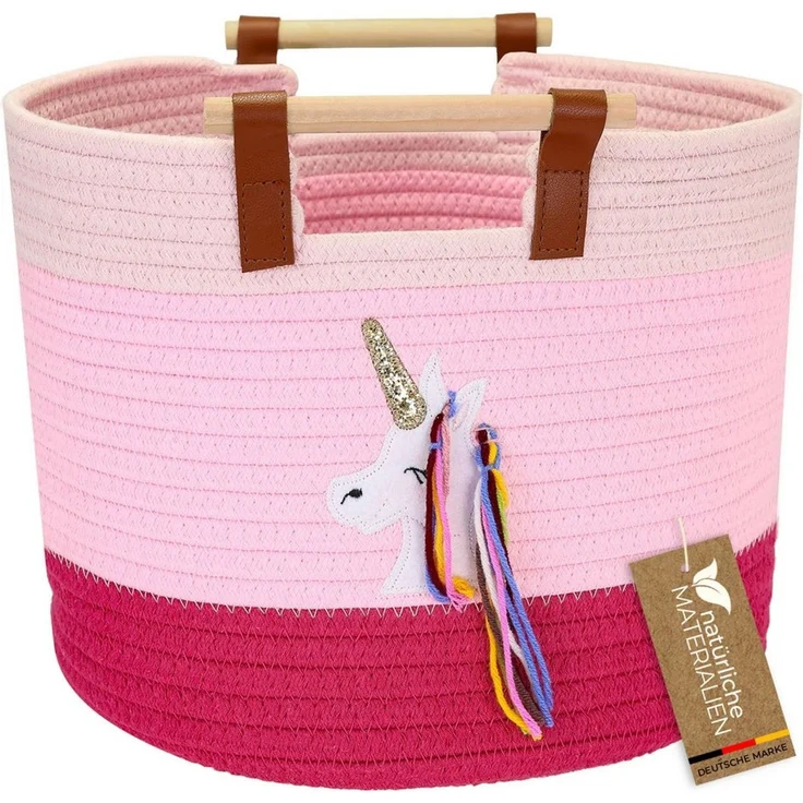 HMF Aufbewahrungskorb Aufbewahrungskorb mit Holzgriffen, runder Korb, Baumwolle für Kinderzimmer oder Babyzimmer, Einhorn, 30 x 30 x 24 cm – Bild 1