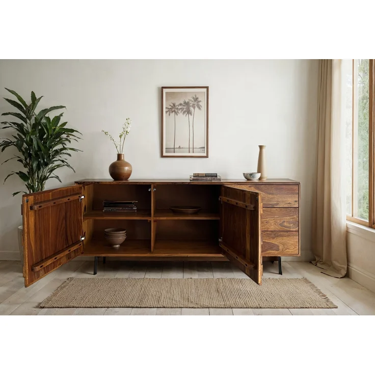 FineBuy Sideboard Sheesham Massivholz 175 cm 2 Türen & 3 Schubladen - Massive Retro Kommode mit Metall Beinen - Design Natur Anrichte - Handmade Industrial – Bild 4