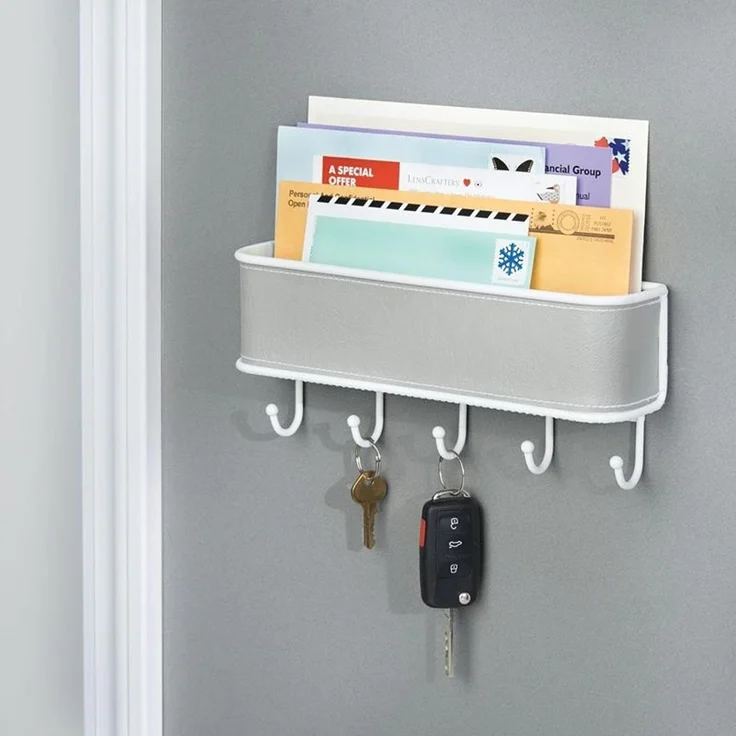 mDesign Briefablage Schlüsselbrett Organizer 5 Haken Wandmontage Grau Weiß – Bild 6