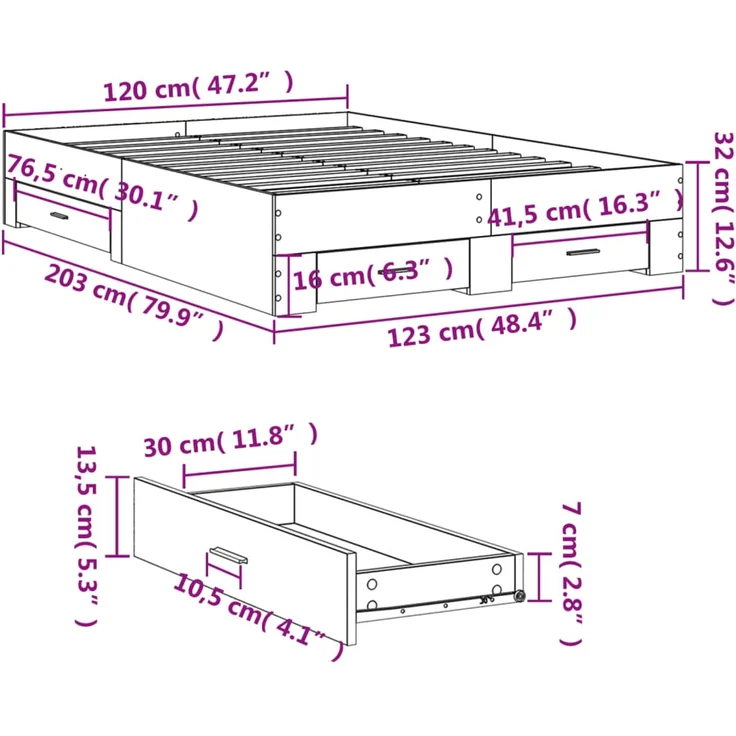 vidaXL Bettgestell mit Schubladen Grau Sonoma 120x200 cm Holzwerkstoff 3280396 – Bild 10