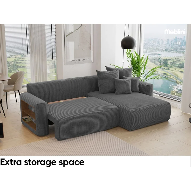 MEBLINI Schlafcouch mit Bettkasten - 260 x 160 x 78 cm - Dunkelgrau Cordstoff - NAPLES - Kleines Ecksofa mit Schlaffunktion - Sofa mit Relaxfunktion und Kissen - Kleine Couch L-Form - Eckcouch – Bild 4