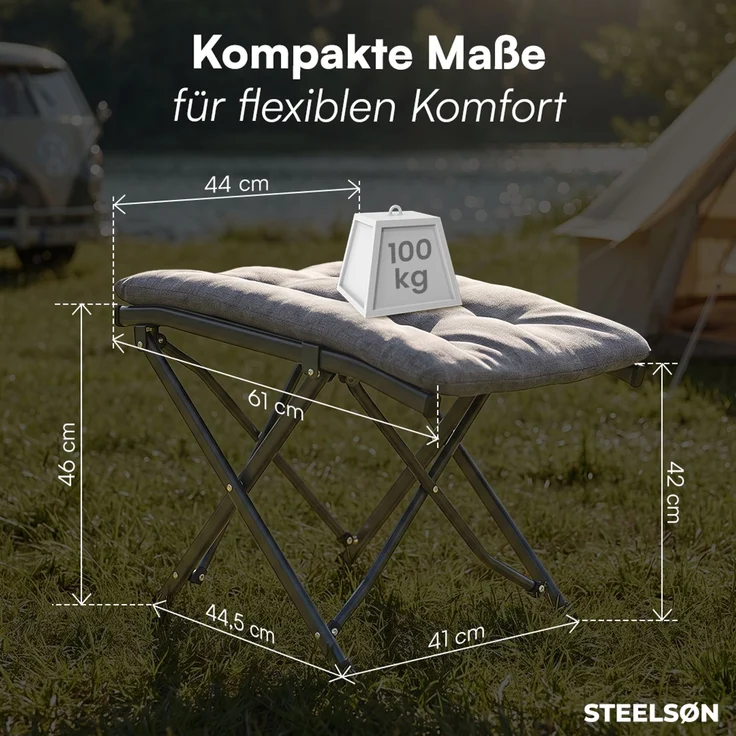 STEELSØN 'Hoggar' Hocker faltbar, bis 100 kg, gepolsterter Klapphocker, Fußhocker 46 cm hoch – Bild 9