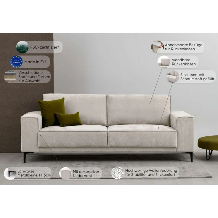 OTTO home 3-Sitzer OLAND, B: 224 cm - Skandi-Design, Struktur, Flachgewebe, Luxus-Microfaser, Boucle – Bild 2