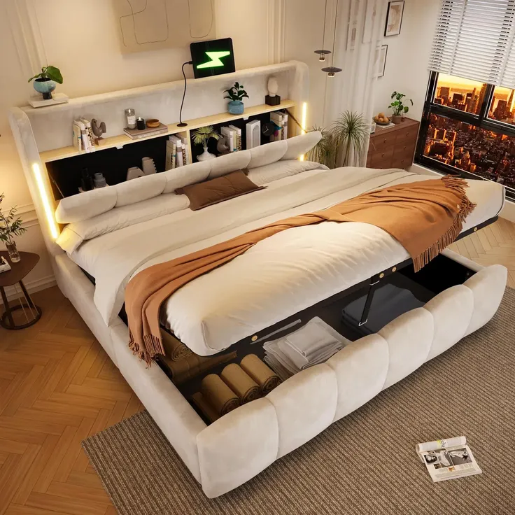 Polsterbett mit Stauraum, RGB LED-Streifen, Lattenrost, Regal, Aufbewahrung, USB und Type-C, gepolsterter Kopfteil, 180x200 cm, Stauraumbett, Samt